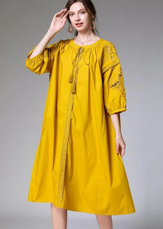 sleek dressBeautiful Yellow Hollow Out Embroideried Spring Three Quarter Sleeve Mid Dress