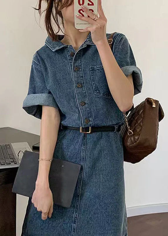 casual midi dressRetro Denim Blue Peter Pan Collar Patchwork Button Mid Dresses Summer