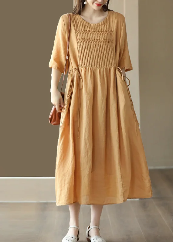 chic slip dressSimple Yellow O-Neck Patchwork Linen Long Dresses Summer