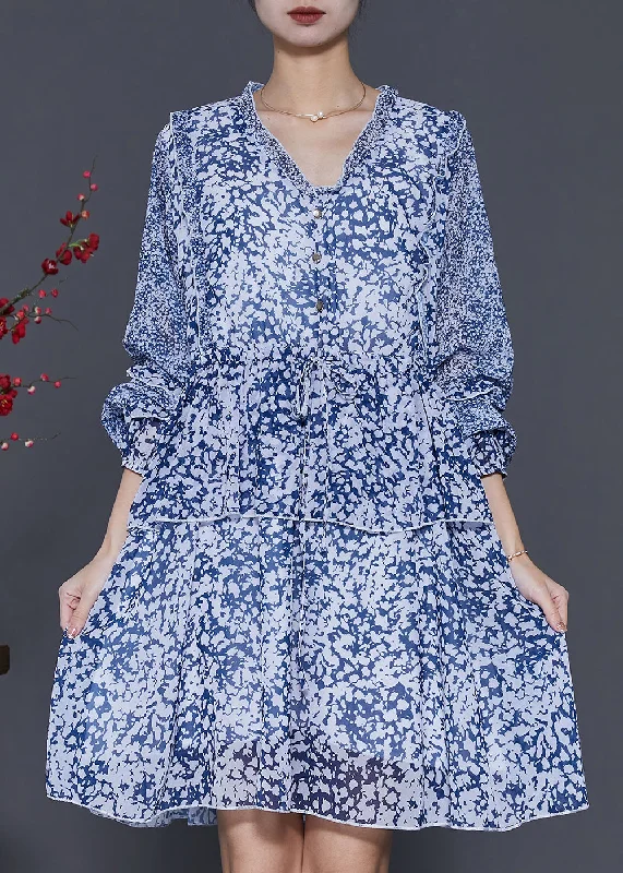 A-line dressStyle Blue Cinched Print Chiffon Vacation Dresses Spring