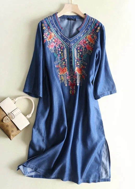 casual day dressElegant Blue Embroidered Side Open Denim Dresses Summer