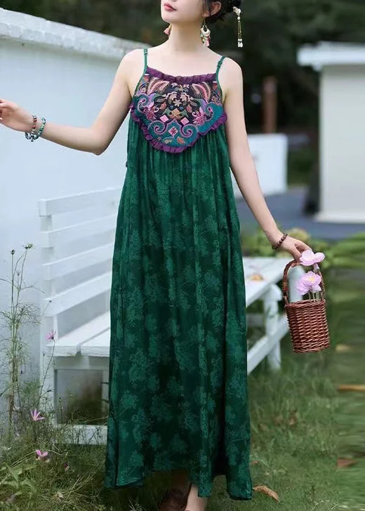 off-shoulder dressBoho Green Embroidered Jacquard Silk Spaghetti Strap Dress Sleeveless