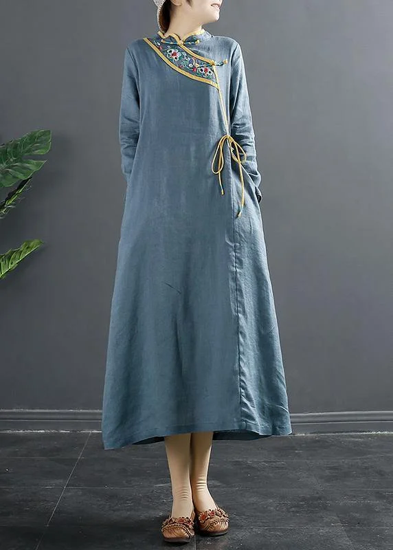 silk dressElegant Blue Embroidery Tunic Stand Collar A Line Dress