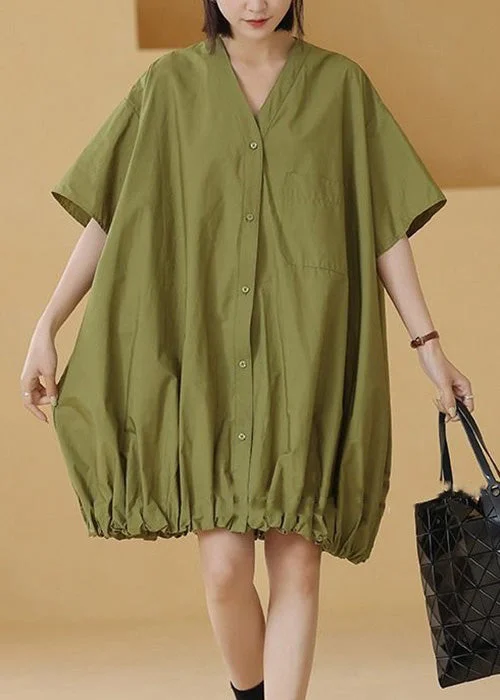 pleated dressPlus Size Green Solid Button Cotton Shirts Mid Dress Short Sleeve