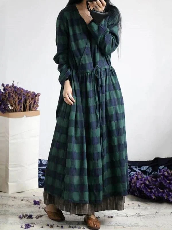 t-shirt dressFrench green plaid cotton dresses v neck drawstring Traveling spring Dresses