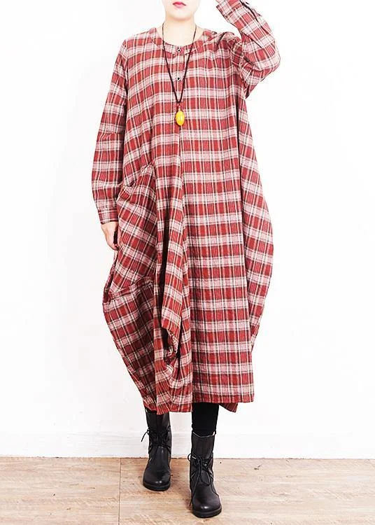 silk dressModern o neck patchwork cotton quilting dresses Work red plaid Art Dress