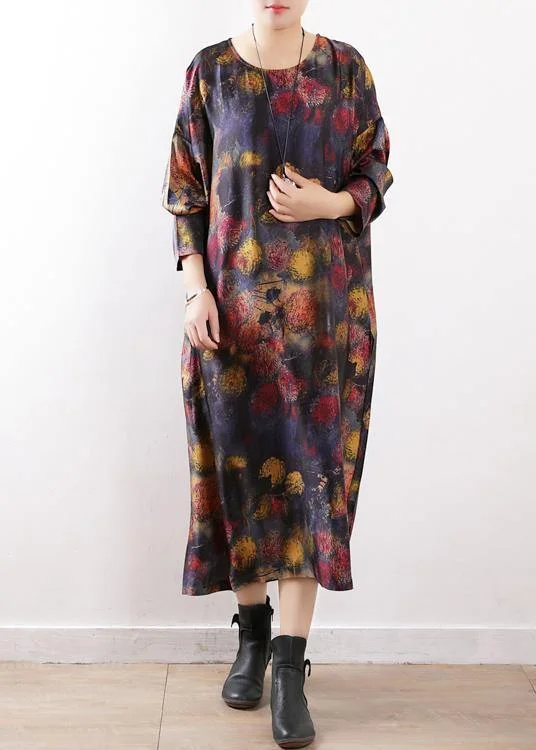 sophisticated dressWomen o neck chiffon Summer dress Korea Ideas black purple print long Dresses