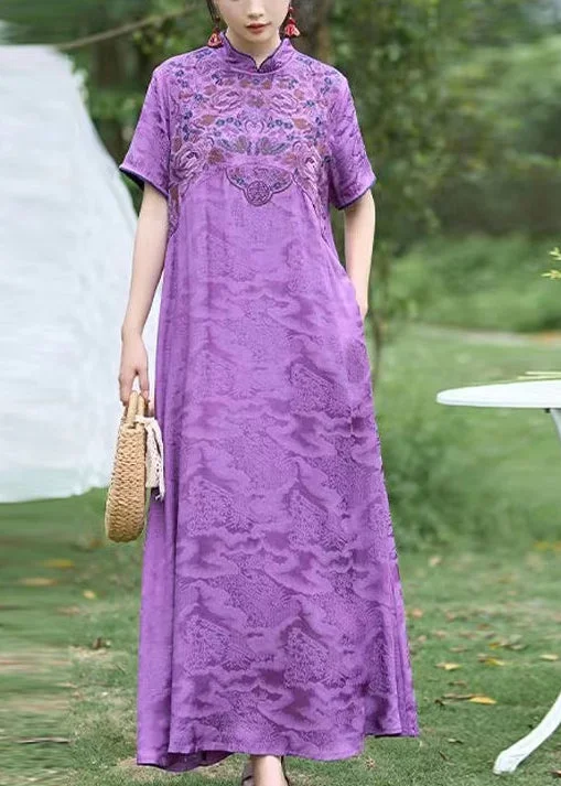 elegant maxi dressChinese Style Purple Stand Collar Embroidered Silk Dress Summer