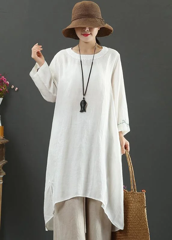 party-ready dressFrench White Embroidery Quilting Clothes O Neck Low High Design Long Spring Dress