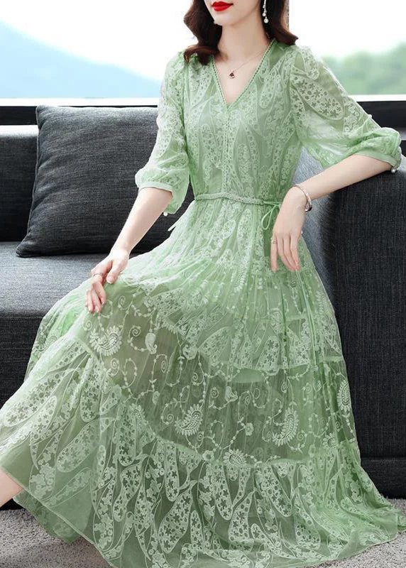 cocktail dressItalian Green Lace Up Embroideried Lace Dress Summer