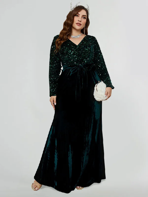 casual midi dressSequin V Neck Belted Velvet Dress