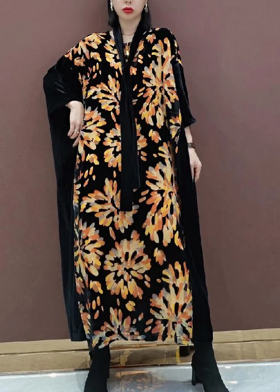 oversized dressNatural V Neck Patchwork Spring Tunics For Women Fabrics Black Print Kaftan Dress