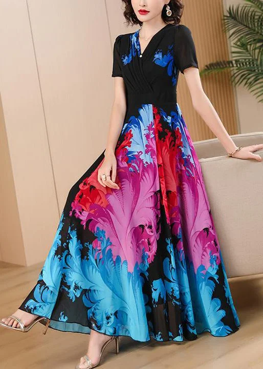 v-neck dressElegant Black V Neck Print High Waist Chiffon Maxi Dresses Summer