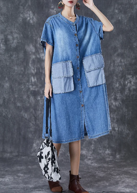 stylish party dressFrench Blue Oversized Patchwork Pockets Cotton Vacation Dresses Fall