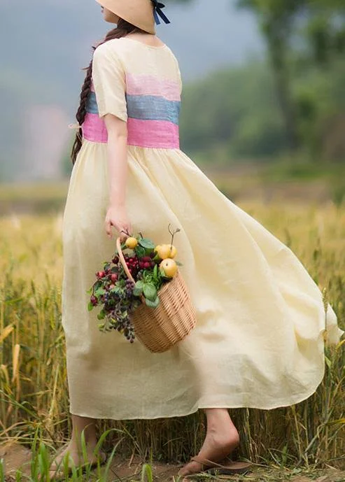 sleeveless dressBeautiful Yellow Tunic Dress O Neck Patchwork Traveling Summer Dresses