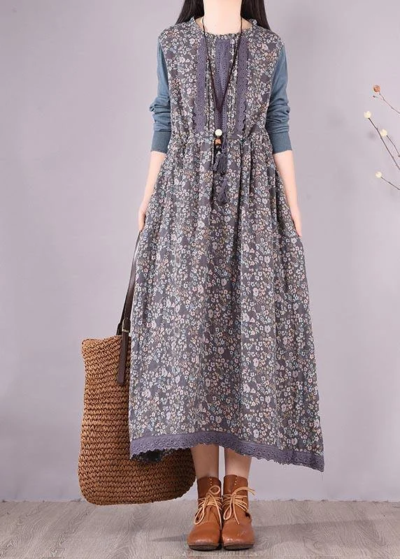 sleek midi dressBeautiful Blue Patchwork Print Dresses O Neck Lace Robe Spring Dresses