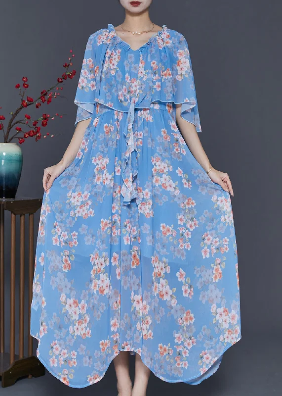 relaxed fit dressWomen Blue Ruffled Print Chiffon Dresses Cloak Sleeves