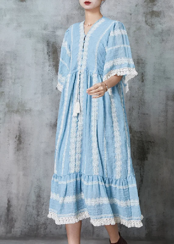 chic slip dressBeautiful Lake Blue Oversized Drawstring Cotton Maxi Dresses Summer