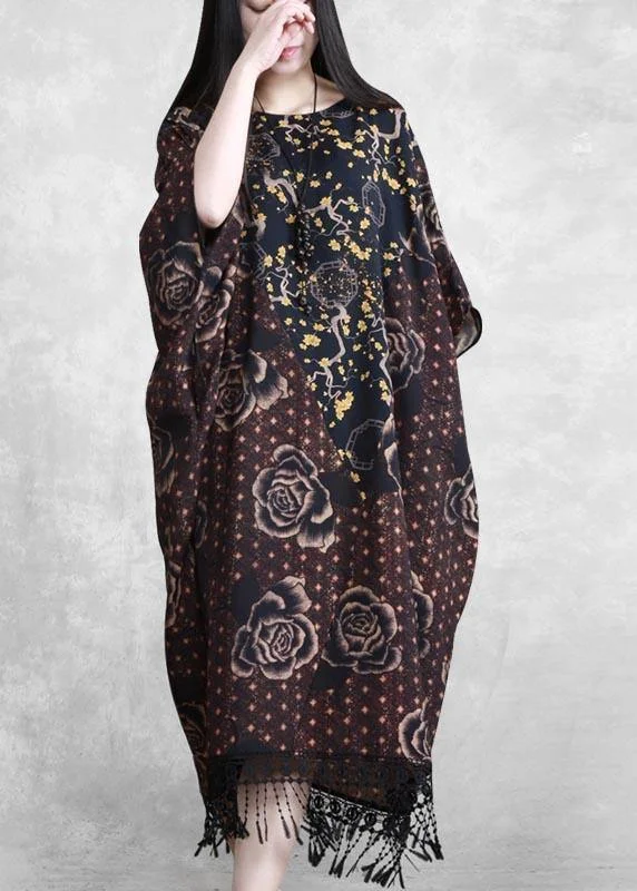 lace-up dressStyle Chocolate Print Quilting Clothes O Neck Tassel Plus Size  Spring Dresses