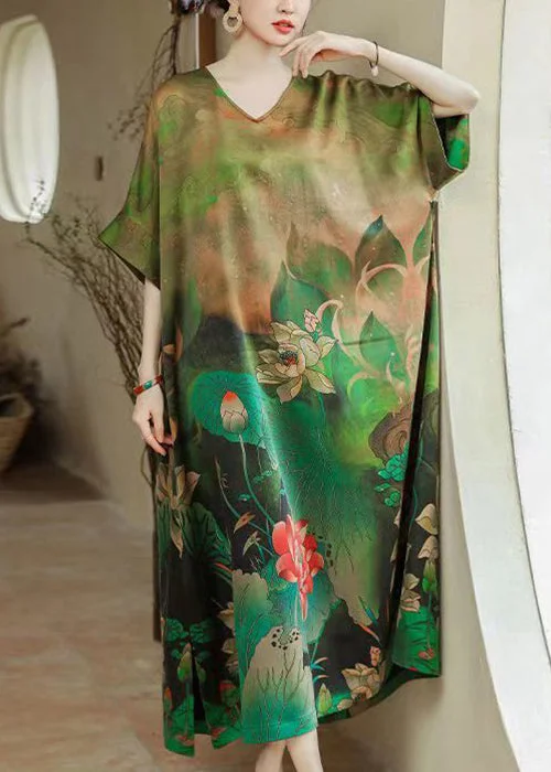 off-shoulder dressPlus Size Green O Neck Print Silk Long Dresses Summer