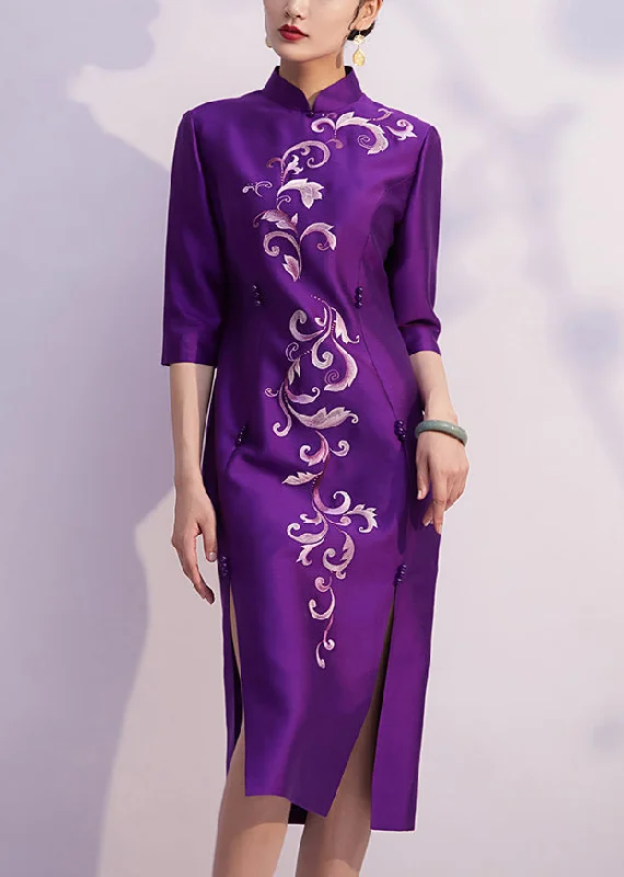 puff sleeve dressChinese Style Purple Embroidered Side Open Silk Dresses Half Sleeve