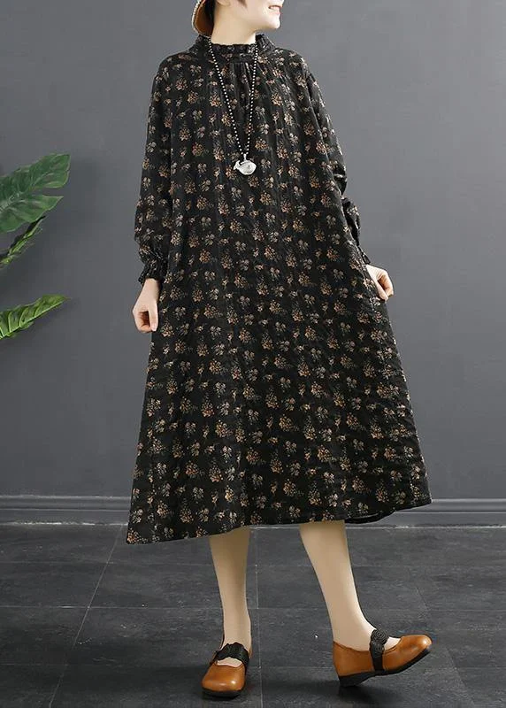 classic fit-and-flare dressClassy Black Print Stand Collar Robes Dresses