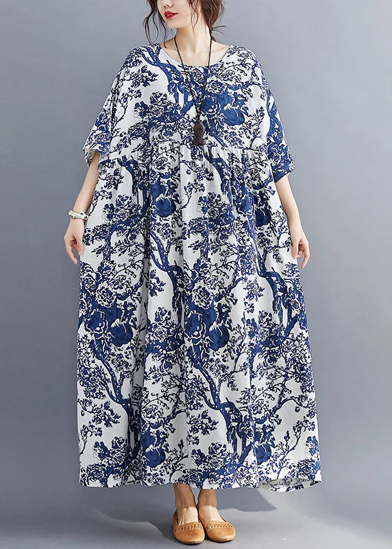 floral wrap dressCasual Blue O-Neck Print Patchwork Wrinkled Maxi Dresses Summer