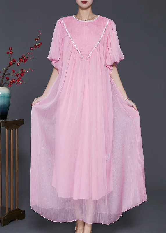 high-waisted dressPink Chiffon Maxi Dress Exra Large Hem Nail Bead Lantern Sleeve