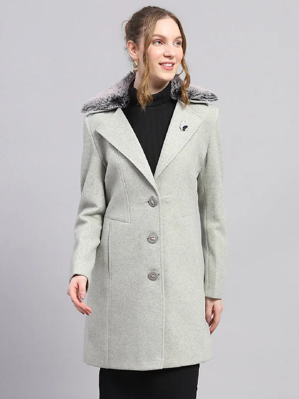 soft shell coatWomen Grey Solid Notch lapel Collar Full Sleeve Coat