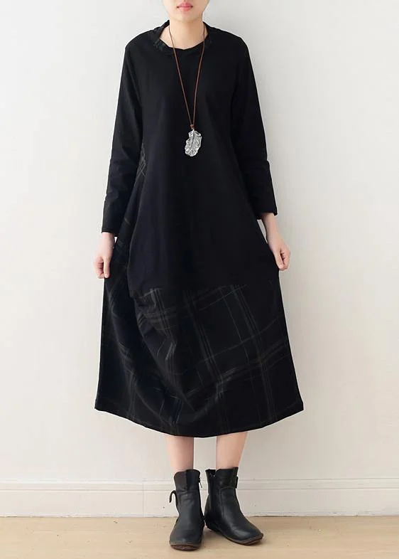 trendy mini dressBeautiful black cotton quilting dresses o neck patchwork Maxi Dress