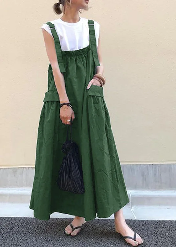 wrap-around dressStyle Green Oversized Pockets Exra Large Hem Cotton Strap Dresses Spring