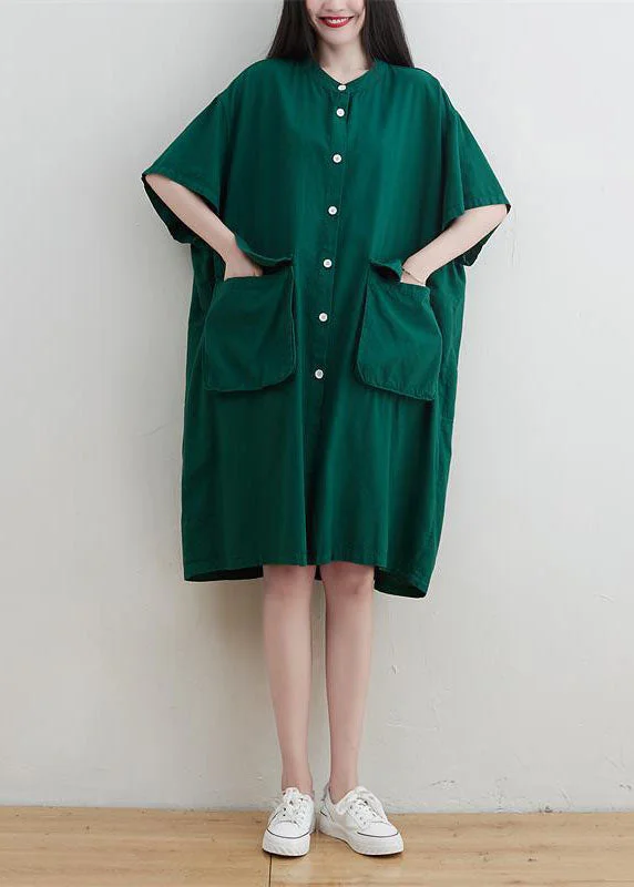 relaxed fit dressModern Green Oversized Pockets Linen Maxi Dress Short Sleeve