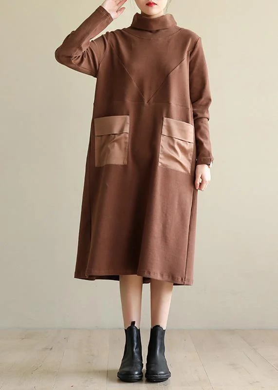 shift dressWomen brown cotton clothes high neck patchwork Dress