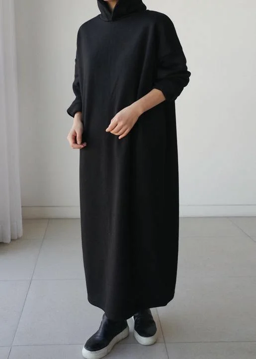 office dressNatural hooded Batwing Sleeve cotton Tunics Runway black long Dresses