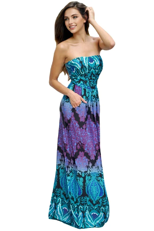 high-waisted dressJuliaFashion-Aqua Purple Strapless Maxi Dress with Pockets