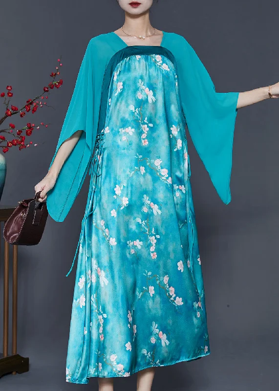 fitted dressVintage Blue Cinched Patchwork Silk Long Dresses Summer