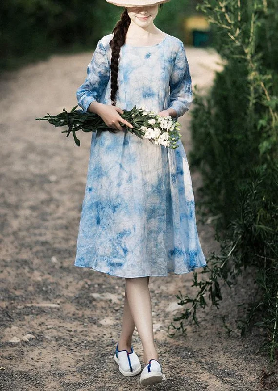 vintage-inspired dress100% O-Neck Half Sleeve Summer Blue Print Dress