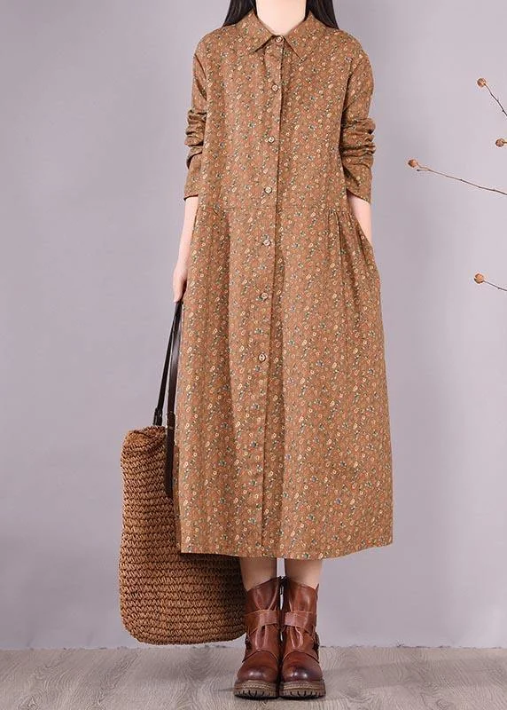 chic dressWomen Chocolate Print Dress Lapel Button Down Daily Spring Dress