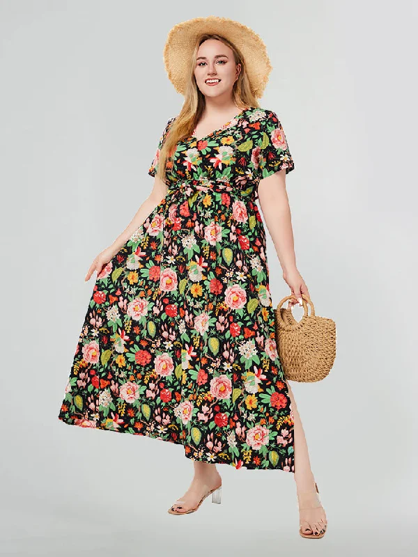 long sleeve dressFloral V-Neck Belted Split Wrap Dress