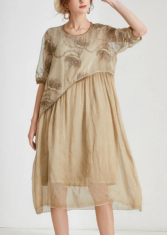 satin dressKhaki Patchwork Chiffon Long Dresses O Neck Short Sleeve