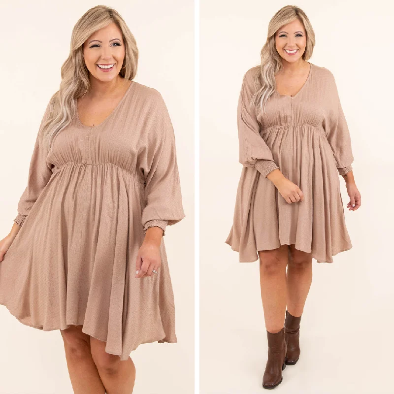 chic dressSmocked And Loaded Dress, Taupe