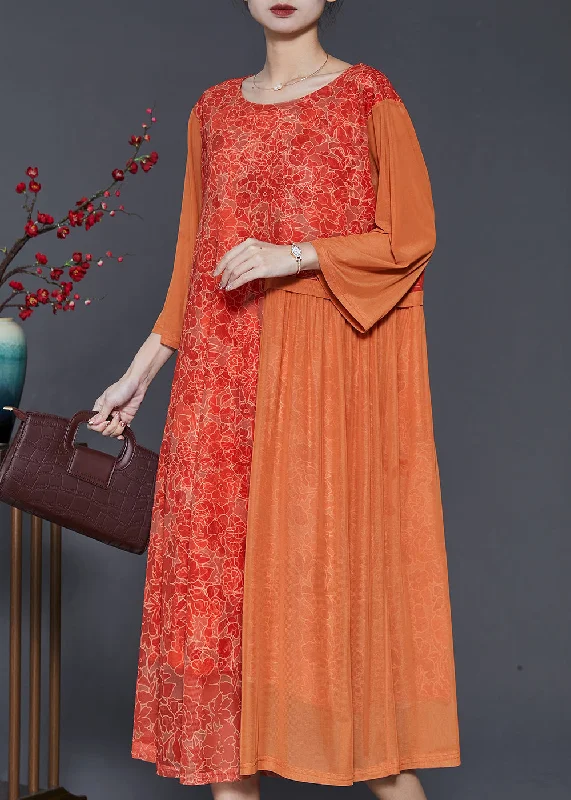 sophisticated dressPlus Size Orange Print Patchwork Silk Long Dress Bracelet Sleeve