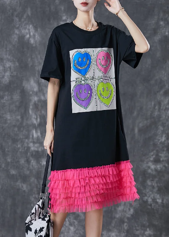 long sleeve dressStyle Black Smiling Face Patchwork Cotton Vacation Dresses Summer