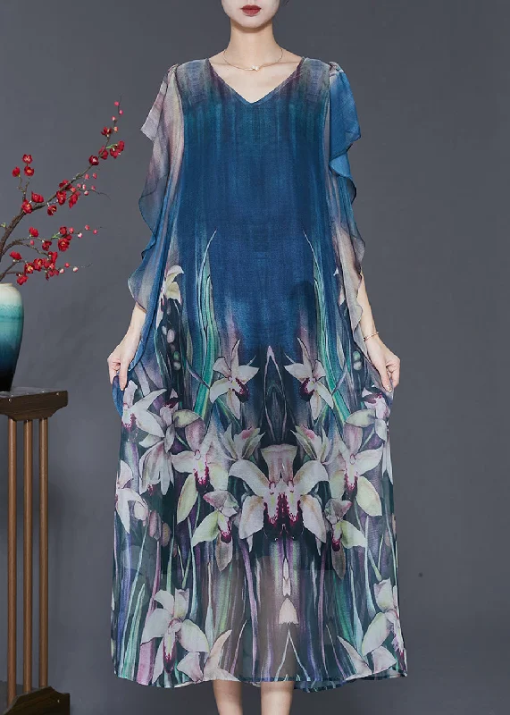 stylish dressElegant Navy Floral Print Silk Holiday Dress Butterfly Sleeve