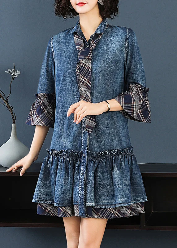 ashionable dressFrench Blue Ruffled Patchwork Denim Shirts Dress Bracelet Sleeve