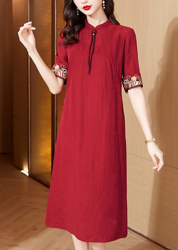 minimalistic dressItalian Red Stand Collar Embroidered Maxi Dresses Short Sleeve