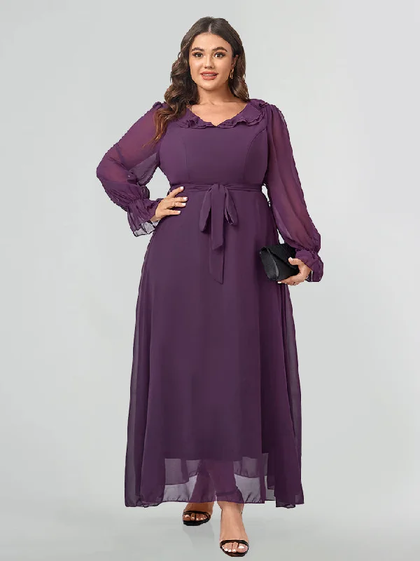 wool dressRuffle Trim Flounce Sleeve Belted Bridesmaid Dress