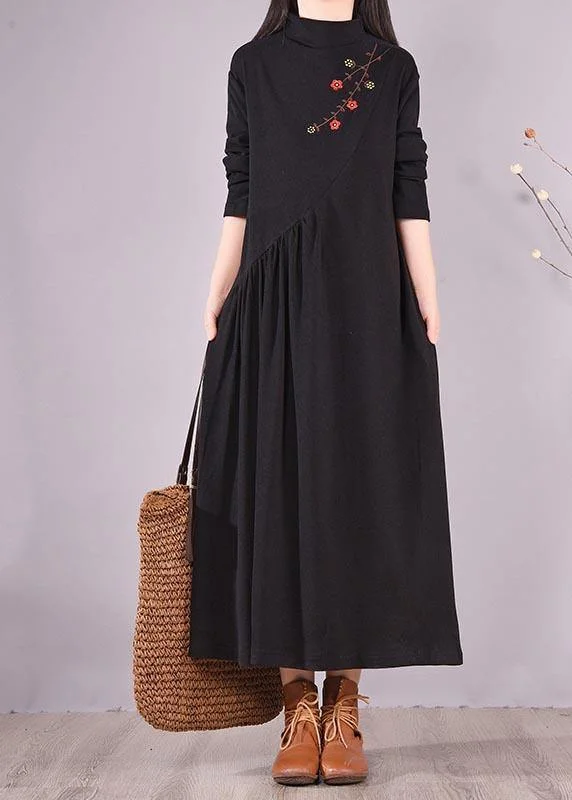 satin dressWomen High Neck Cinched Spring Clothes Tutorials Black Embroidery Long Dresses