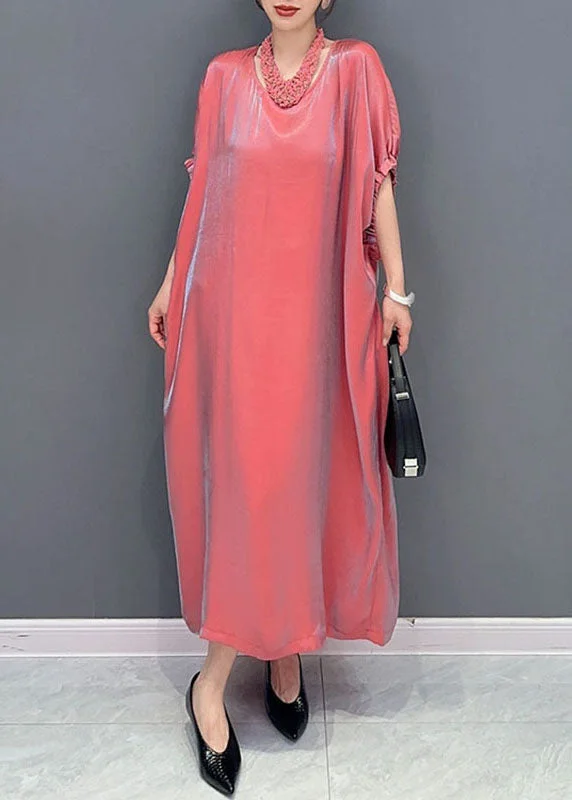 vintage-inspired dressCute Pink O-Neck Solid Silk Long Dress Short Sleeve