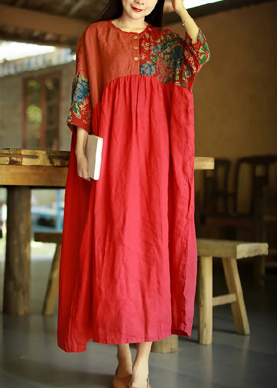 long sleeve dressRed Print Patchwork Cotton Long Dresses O Neck Summer